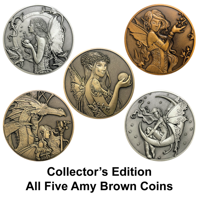 Picture showing two gold, two silver, and one copper fairy coins with the words Collector's Edition All Five Amy Brown Coins