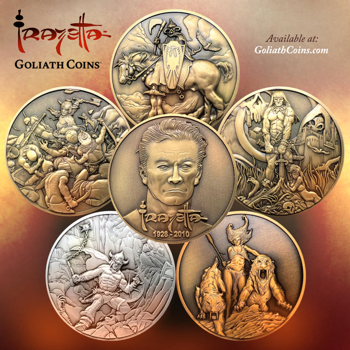 Photo showing Death Dealer, Barbarian, Destroyer, Warrior with Ball and Chain, Huntress, and Frank Frazetta portrait coins